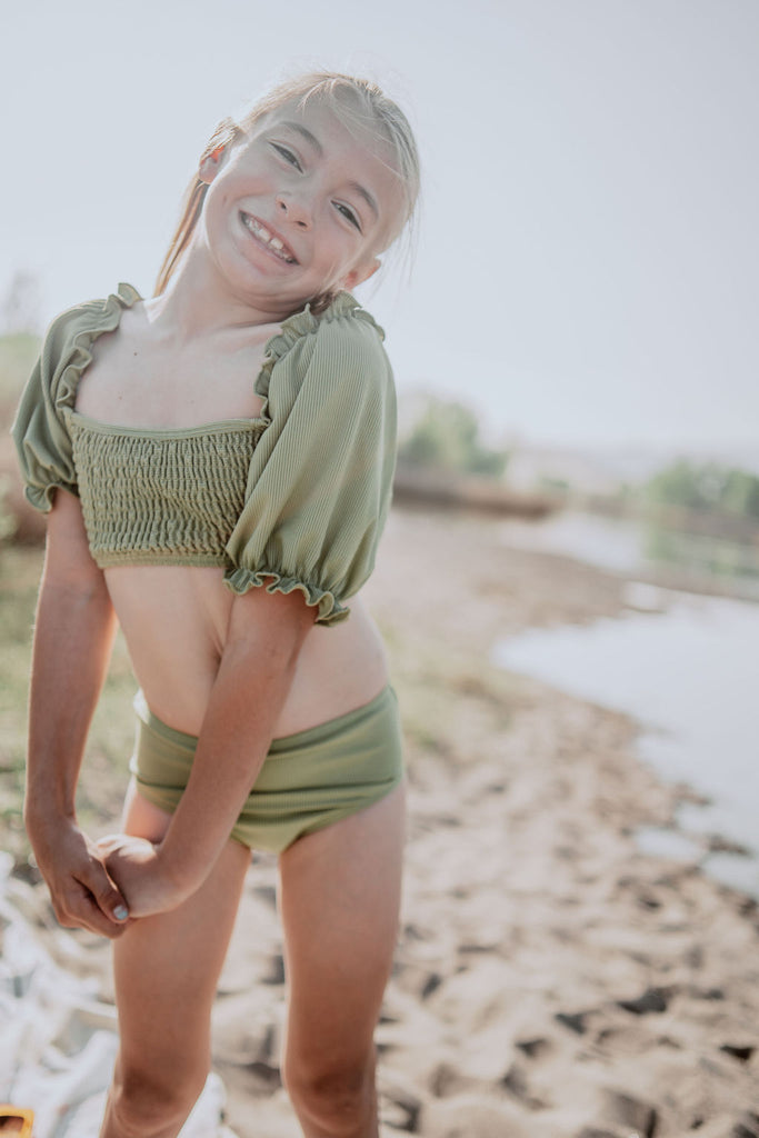 Little Girl's Sleeved Bikini Set-Green Ribbed