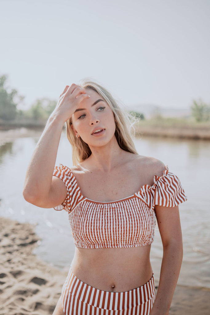 Sleeved Swim Top-Terracotta Stripe