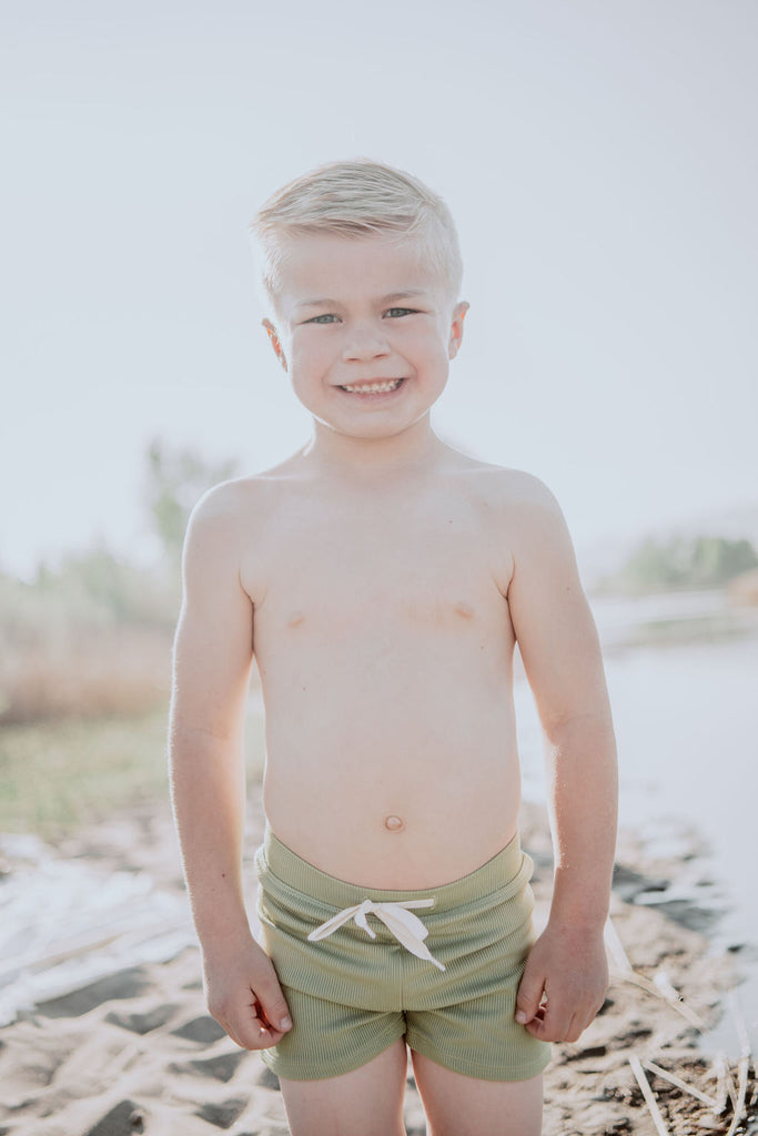 Boy's Euro Swim Shorts-Green Ribbed