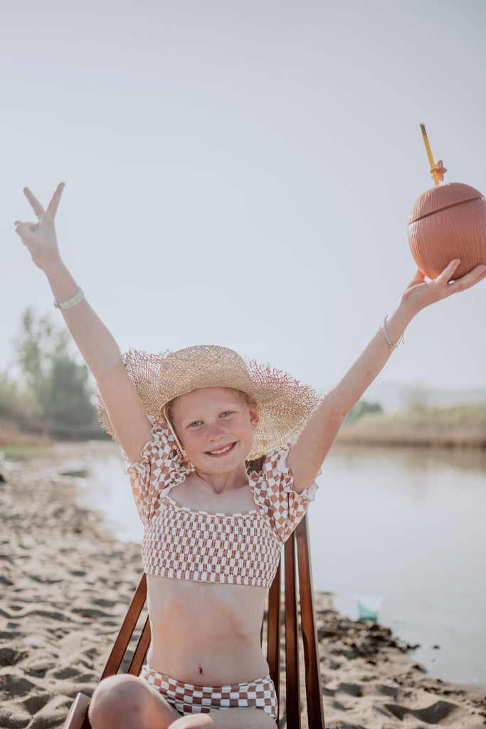 Little Girl's Sleeved Bikini Set-Tan Checkered