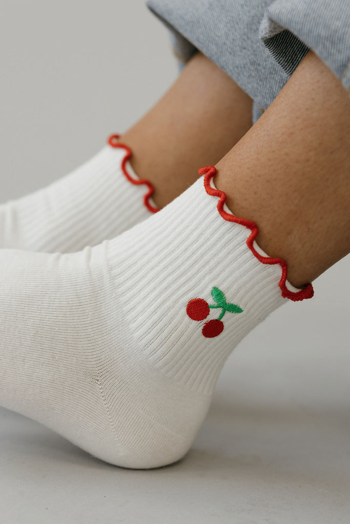 Cherry Ruffle Socks-Ivory